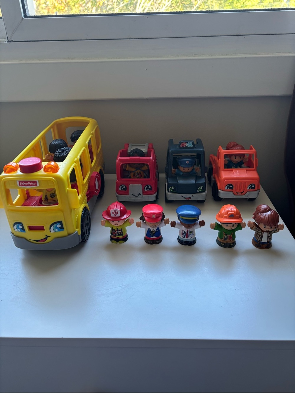 Fisher price little people random characters bundle bus police fire tow truck